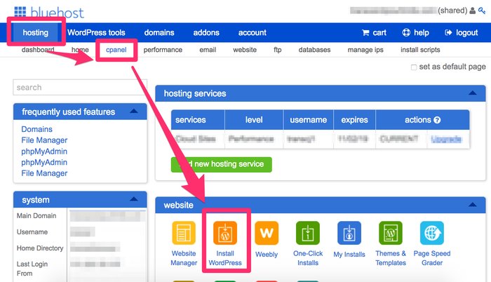 How to install WordPress in the Bluehost dashboard in 2017